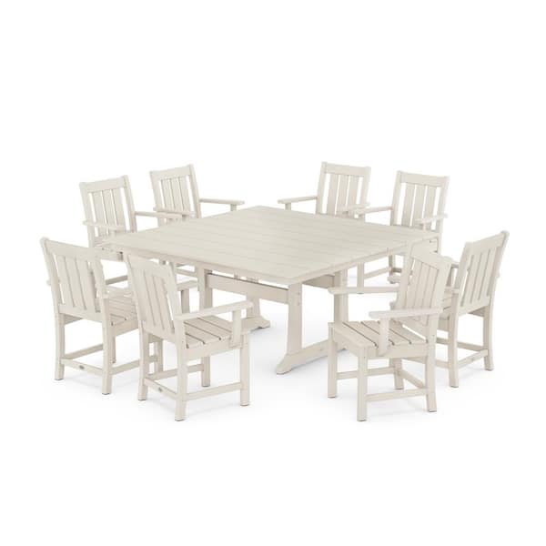 POLYWOOD 9-Piece Oxford Farmhouse Trestle Plastic Square Outdoor Dining Set in Sand