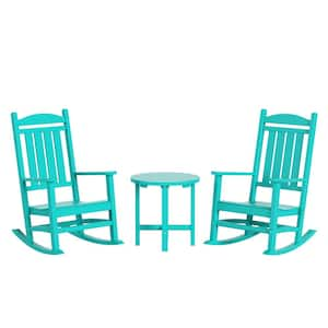 Laguna 3-Piece Classic Outdoor Patio Fade Resistant Plastic Rocking Chairs and Round Side Table Set in Turquoise