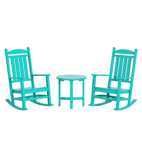 Laguna 3-Piece Classic Outdoor Patio Fade Resistant Plastic Rocking Chairs and Round Side Table Set in Turquoise