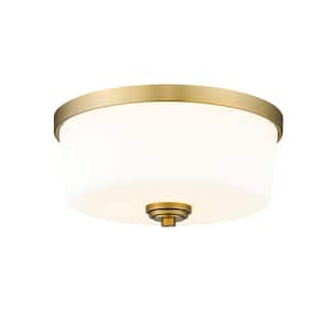 Arlington 14 in. 3-Light Heritage Brass Flush Mount Light with Glass Shade