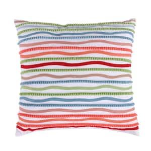 Simone Floral Multicolor Pom Pom and Embroidered Stripes 18 in. x 18 in. Throw Pillow