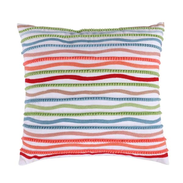 LEVTEX HOME Simone Floral Multicolor Pom Pom and Embroidered Stripes 18 in. x 18 in. Throw Pillow
