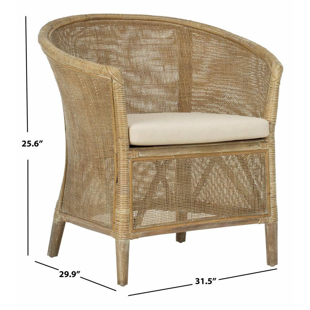 Transitional Whitewashed Rattan Armchair with Off-White Linen Cushion