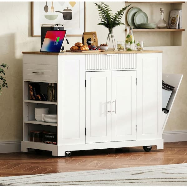 White Wood Rolling Kitchen Island Bar Cart with 10 Gal. Trash Can
