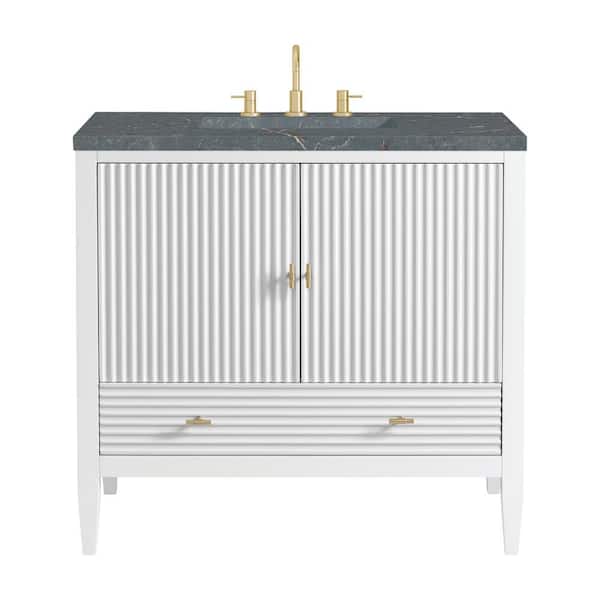 James Martin Vanities Myrrin 36.0 in. W x 23.5 in. D x 34.06 in. H Single Bathroom Vanity Bright White and Parisien Bleu Quartz Top