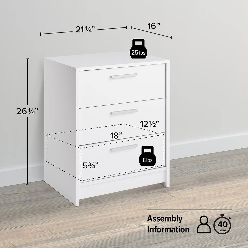 White 3-Drawer Wood Nightstand with Engineered Composite Top