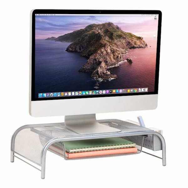 20 in. L x 11.5 in. W x 5.5 in. H Monitor Stand Laptop Riser with Paper Tray Metal, Silver