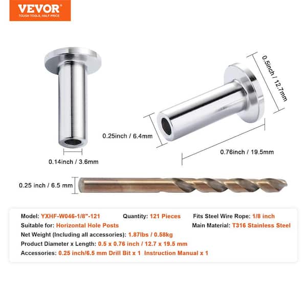 VEVOR T316 Stainless Steel Protector Sleeves for 1/8 in. Wire Rope Cable Railing Balustrade Marine Grade Come with A Drill Bit