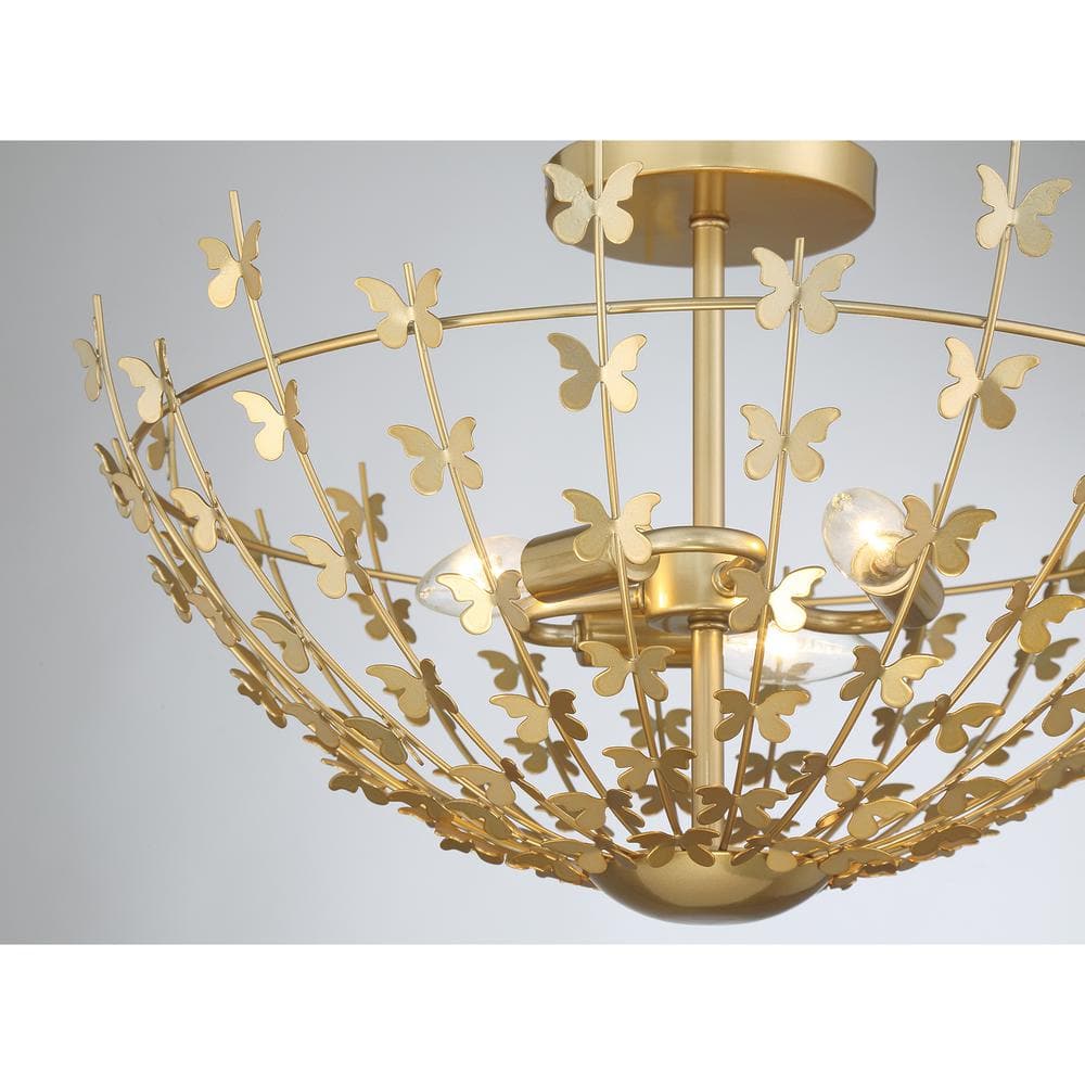 Burnished Brass Butterfly 3-Light Semi-Flush Mount Ceiling Fixture