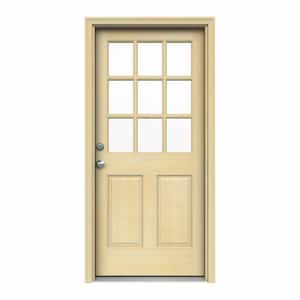 32 in. x 80 in. 9 Lite Unfinished Wood Prehung Right-Hand Inswing Entry Door w/ Unfinished AuraLast Jamb and Brickmold