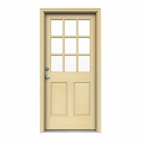 JELD-WEN 32 in. x 80 in. 9 Lite Unfinished Wood Prehung Right-Hand Inswing Entry Door w/ Unfinished AuraLast Jamb and Brickmold