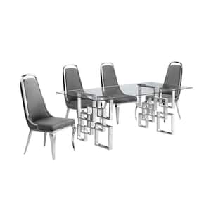 Dominga 5-Piece Glass Top with Stainless Steel Set with 4 Dark Gray Velvet Chairs.