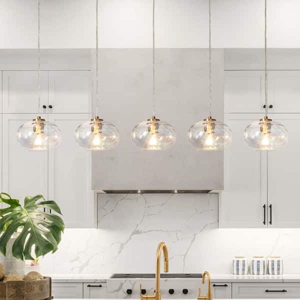 52.4 in. W 5-Light Plated Brass Oversized Island Chandelier with Iridescent Glass Globes, Kitchen Dining Room Pendant