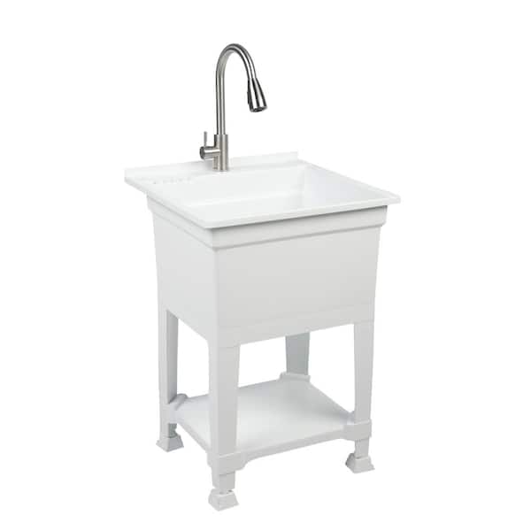 Glacier Bay All-in-One 24 in. x 24 in. Freestanding White Polypropylene Laundry Utility Sink w/ Stainless Steel Pull-Down Faucet