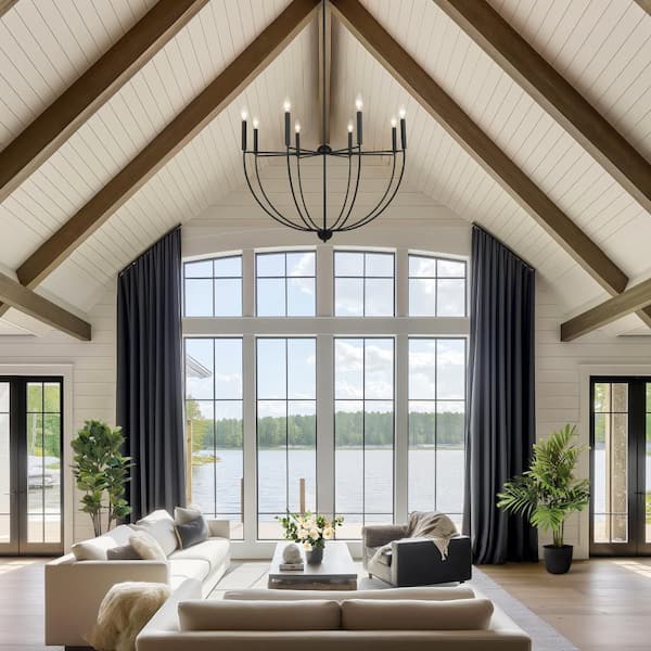 Traditional 35 in. 8-Lights Matte Black Chandelier, Farmhouse Large Candlestick Foyer Chandelier Living Room, Bedroom