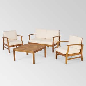 Perla Teak Brown 5-Piece Wood Patio Conversation Seating Set with Cream Cushions
