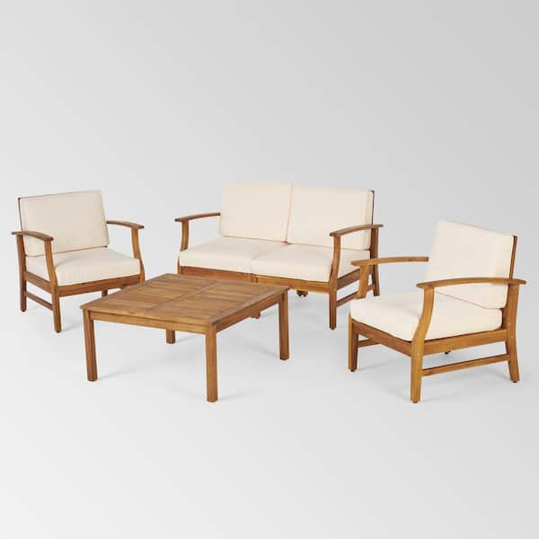 Perla Teak Brown 5-Piece Wood Outdoor Patio Conversation Seating Set with Cream Cushions