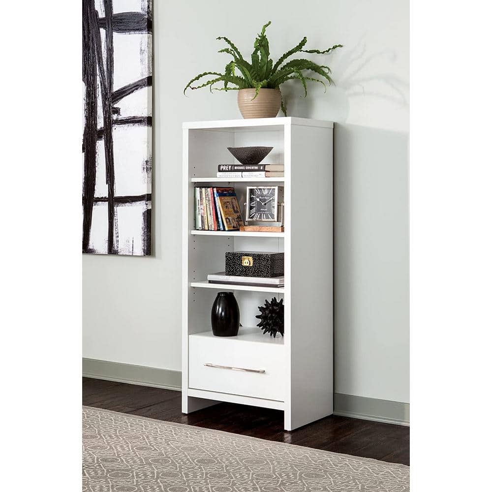 White Adjustable Media Storage Tower with Drawer