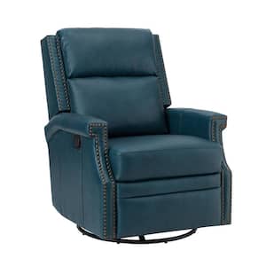 Dryope Turquoise Genuine Leather Swivel Rocker Recliner with Nailhead Trim