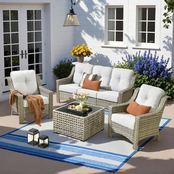 Harpera 4-Piece Wicker Outdoor Patio Conversation Sofa Seating Set with Coffee Table and Light Gray Cushions