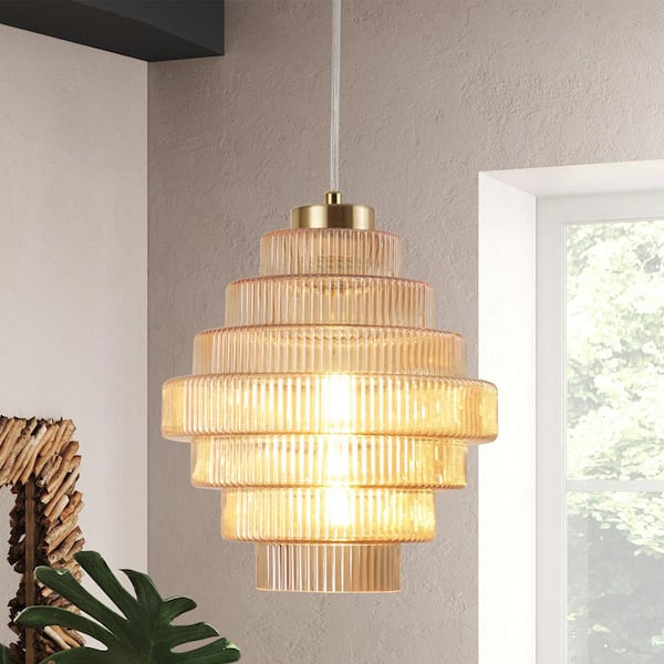 ADSENSTY 1-Light Brass and Amber Simple Vintage Pendant Light with Glass Shade