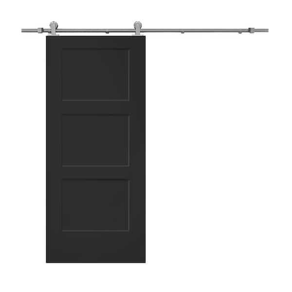 CALHOME 30 in. x 80 in. Black Stained Composite MDF 3-Panel Equal Style Interior Sliding Barn Door with Hardware Kit