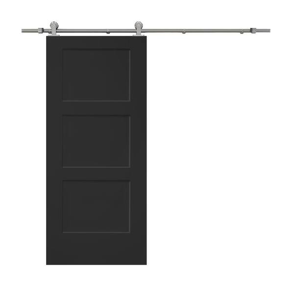 CALHOME 36 in. x 80 in. Black Stained Composite MDF 3-Panel Equal Style Interior Sliding Barn Door with Hardware Kit