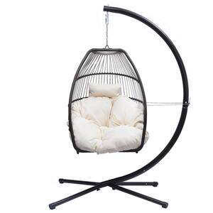 45 in. Black Steel Rattan Patio Swing Egg Chair with Beige Pillow and Cushion