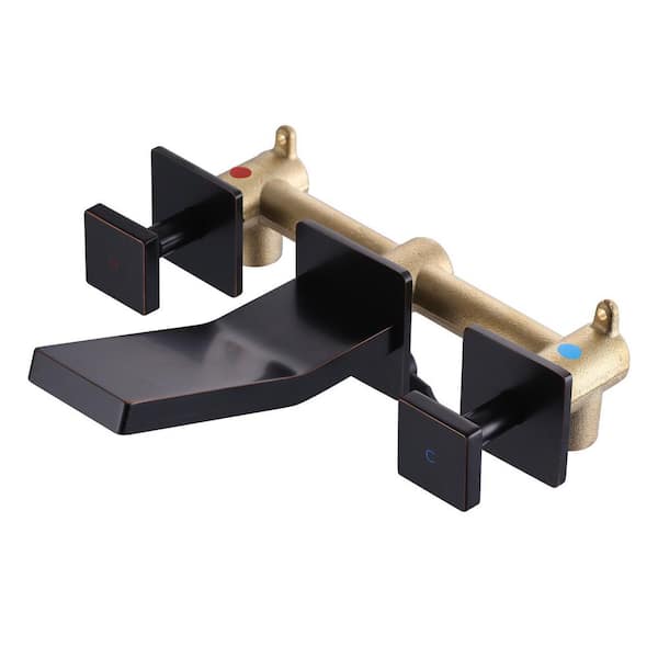 Double Handle Solid Brass Wall Mounted Bathroom Faucet, Waterfall Basin Faucet with Rough in Valve in Oil Rubbed Bronze