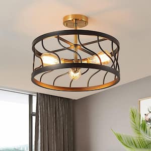 3-Light Black and Gold Semi Flush Mount Ceiling Light, Industrial Ceiling Light with Metal Drum Cage for Hallway Bedroom