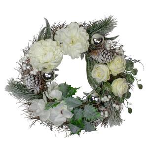 24 in. Unlit White and Silver Floral Flocked Pine Artificial Grapevine Christmas Wreath