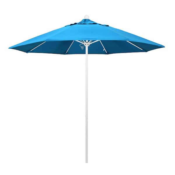 California Umbrella 9 ft. White Aluminum Commercial Market Patio Umbrella with Fiberglass Ribs and Push Lift in Canvas Cyan Sunbrella