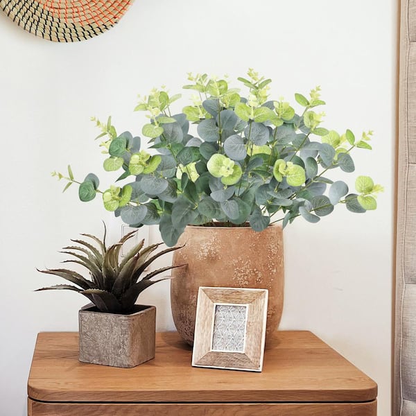 LIVING LUXURY 19 in. Frosted Green Artificial Eucalyptus Leaf Stem Plant Greenery Foliage Bush (Set of 2)