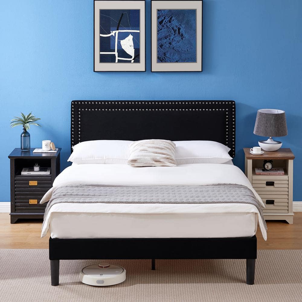 VECELO Upholstered Bed with Adjustable Headboard, No Box Spring Needed ...