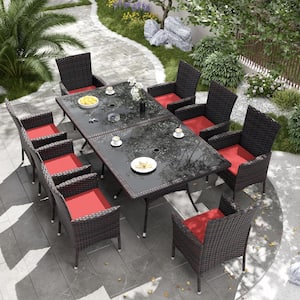 10-Piece Wicker Patio Outdoor Dining Set with Glass Tabletop, 1.5 in. Umbrella Hole and Red Cushion