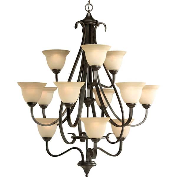 Progress Lighting Torino Collection 12-Light Forged Bronze Chandelier with Tea-Stained Glass Shade