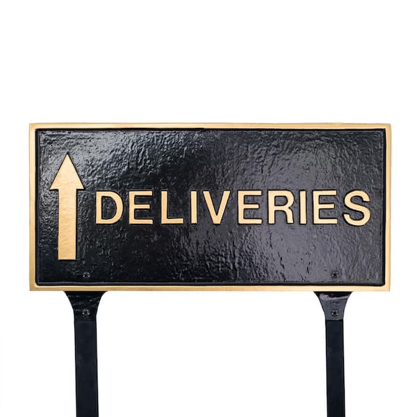 Montague Metal Products 10" x 21" Deliveries with Up Arrow Large Rectangle Statement Plaque with Lawn Stakes - Black/Gold