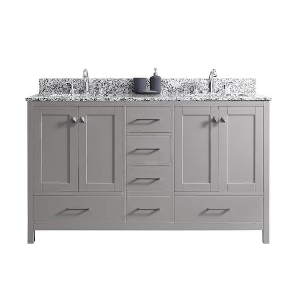 Virtu USA Caroline Madison 60 in. W Bath Vanity in C. Gray with Granite Vanity Top in Arctic White Granite with Square Basin