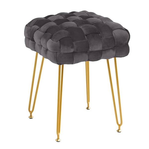 LUE BONA 18 in. Tall Dark Gray Velvet Vanity Stool Rectangle Ottoman Foot Stool Upholstered Make up Bench with Gold Metal Legs