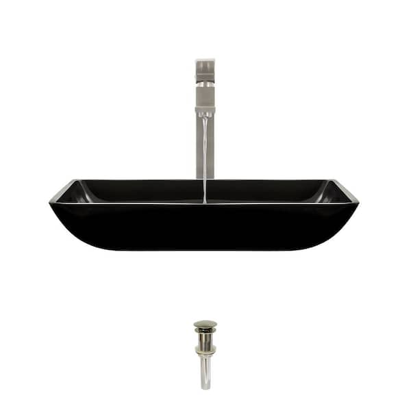 MR Direct Glass Vessel Sink in Black with 721 Faucet and Pop-Up Drain in Brushed Nickel