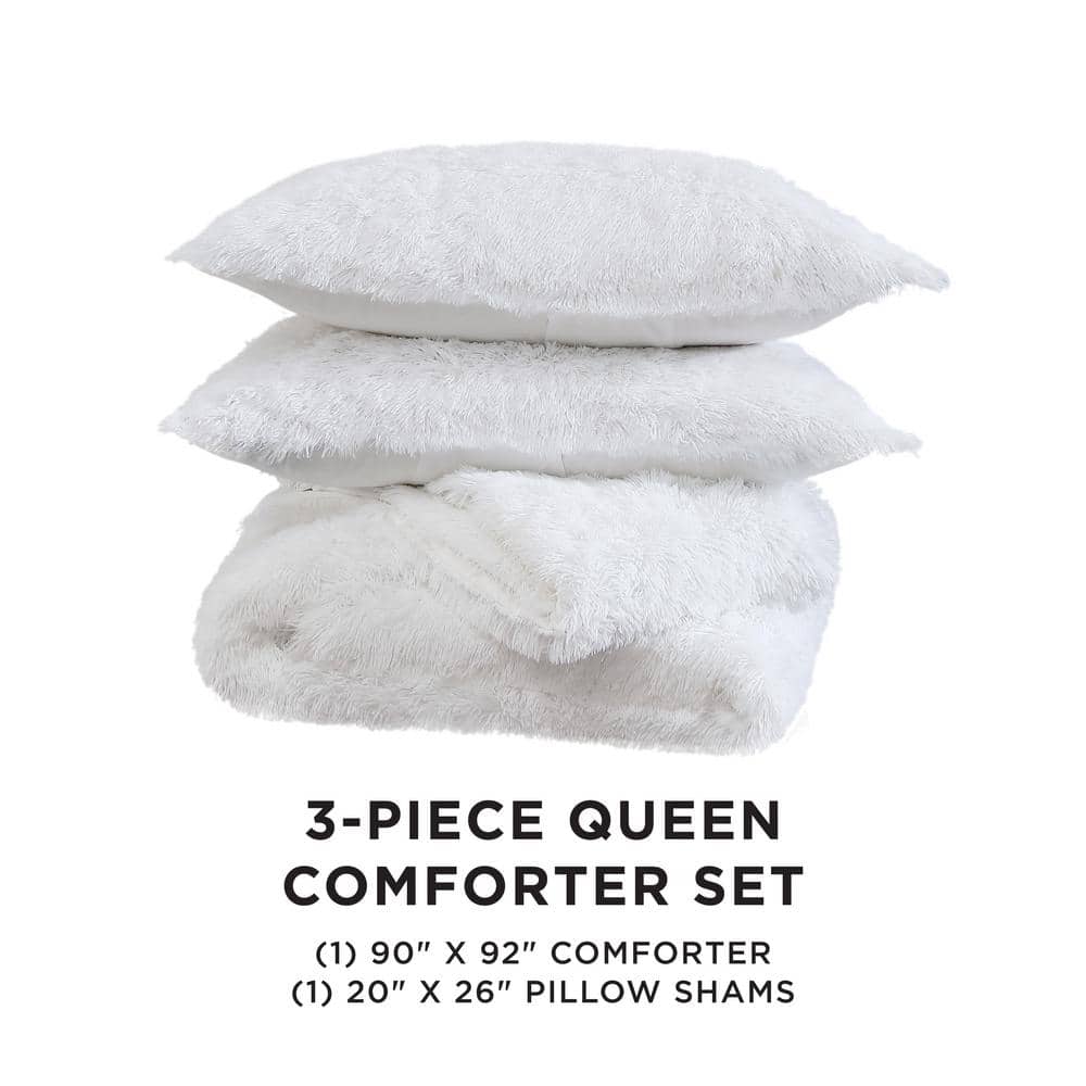 White Faux Fur Full Comforter Set with Reversible Shams