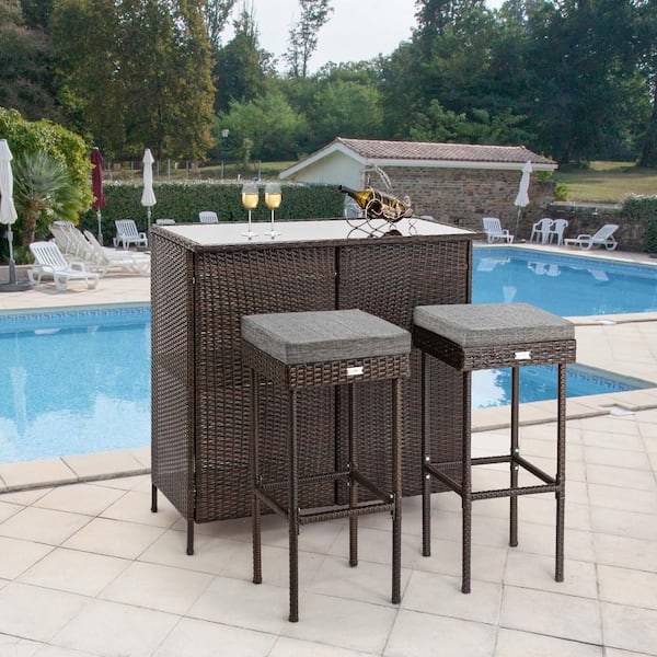 VINGLI Brown 3-Piece Wicker Outdoor Serving Set with Grey Cushions Outdoor Dining Set Bar Height HDG19000088 - The Home Depot