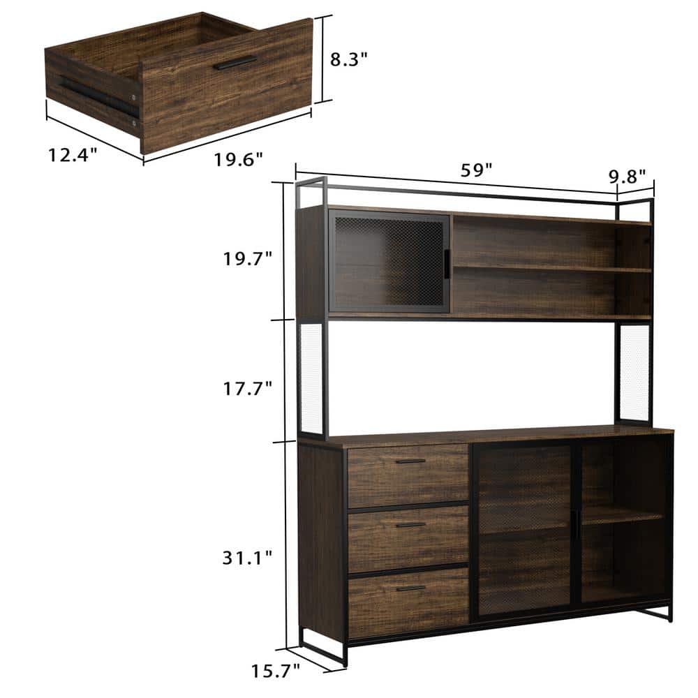 Brown Wood and Metal Mesh 3-Door Kitchen Pantry Cabinet
