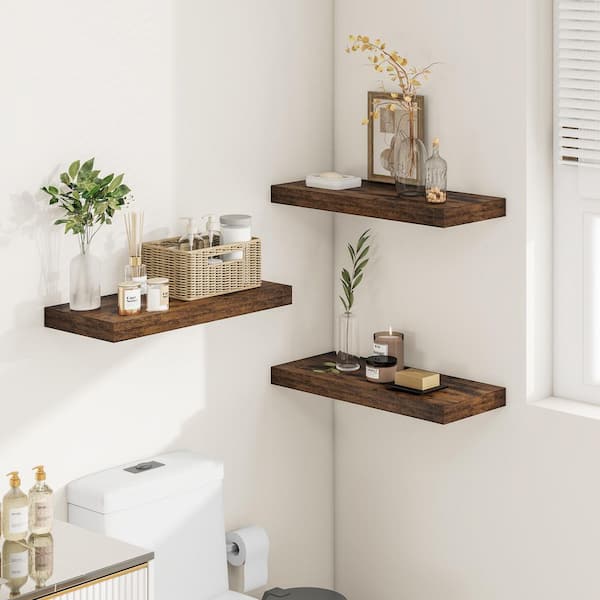 24 in. W x 12 in. D Rustic Brown Wood Floating Shelves Set of 2, Decorative Wall Shelf for Bedroom Bathroom Kitchen