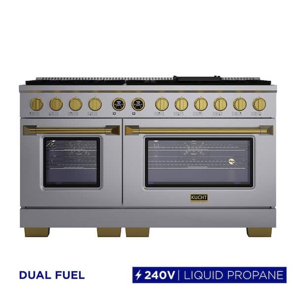 60 in. 7.9 cu. ft. 10 Burners Dual Fuel Range for Propane Gas in Stainless Steel with Gold accents Horus Thermostat