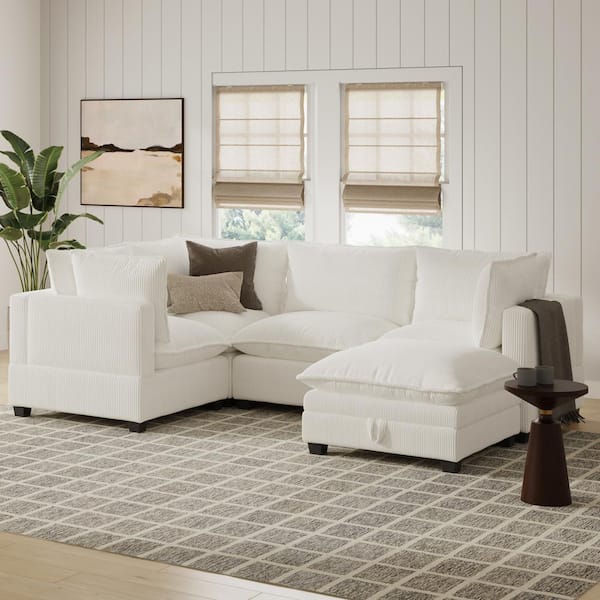 Chelsea 111 in. Square Arm 2-Piece Pearl White Corduroy Fabric Upholstery 4-Seater Sectional Sofa & Ottoman Set