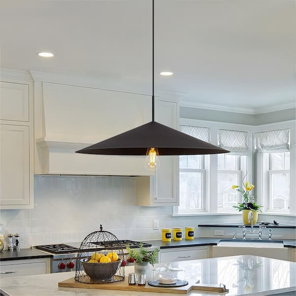Detroit 25.6 in. 1-Light Black Oversized Pendant Light Fixture with Metal Shade