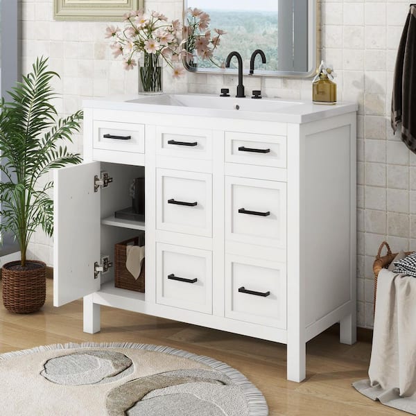 36 in. W x 18 in. D x 34 in. H Single Sink Bath Vanity in White with White Resin Top, 4-Drawers and 2-Doors
