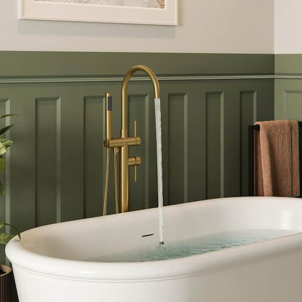 Single-Handle Freestanding Tub Faucet Claw Foot Tub Faucet Floor Mounted with Handheld Hand Shower in Brushed Gold