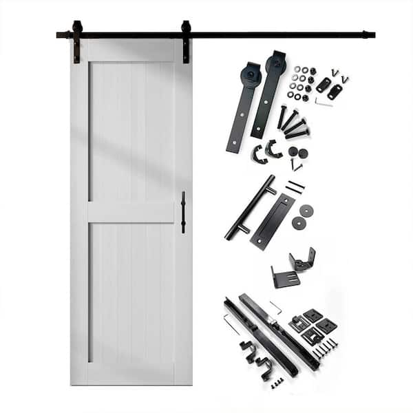 32 in. x 84 in. H-Frame White Solid Pine Wood Interior Sliding Barn Door with Hardware Kit, Non-Bypass